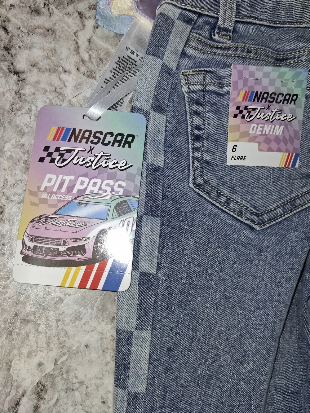 Justice Light Blue Denim Flare Jeans with Checkerboard Panels and Pastel Scarf